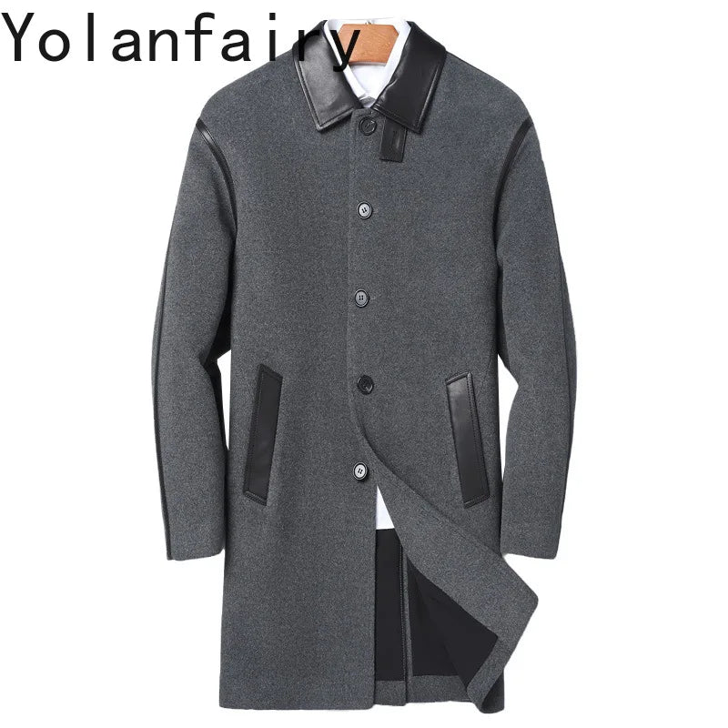 YOLANFAIRY Luxury Woolen Overcoat for Man Autumn Winter Mid-length Lapel Pure Wool Spliced Sheepskin Trench Coat Trend Jacket