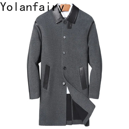 YOLANFAIRY Luxury Woolen Overcoat for Man Autumn Winter Mid-length Lapel Pure Wool Spliced Sheepskin Trench Coat Trend Jacket