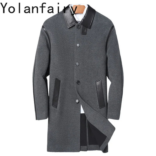 YOLANFAIRY Luxury Woolen Overcoat for Man Autumn Winter Mid-length Lapel Pure Wool Spliced Sheepskin Trench Coat Trend Jacket