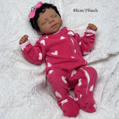 BZDOLL 48 CM Asleep Reborn Black Brown Skin Baby Doll Toy For Girl Vinyl Limbs Cloth Body Doll Lifelike Handmade Birthday Gift