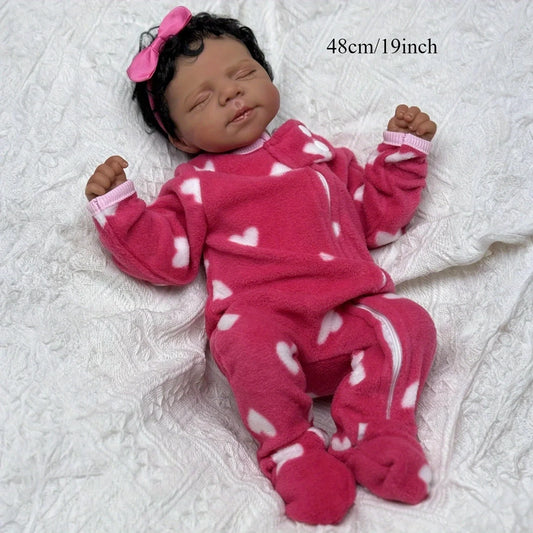 BZDOLL 48 CM Asleep Reborn Black Brown Skin Baby Doll Toy For Girl Vinyl Limbs Cloth Body Doll Lifelike Handmade Birthday Gift