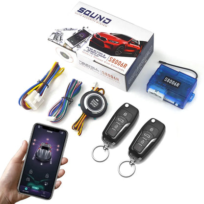 12V Universal Car Alarm System with Keyless Entry Mobile App Controlled Keyless Entry Start Stop Button Two Remote Controls