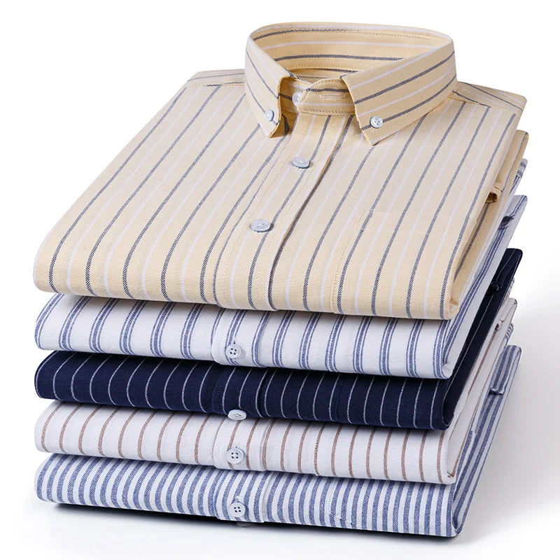 Classic Men's Long Sleeved Check Shirts 100% Oxford Cotton Casual Fashion Soft Plaid Stripe Solid Male Business Slim Fit Blouses