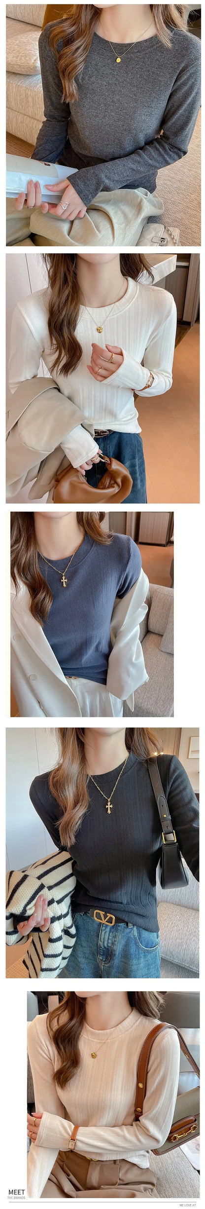 Women’s Soft-Wear Top Ribbed Crew-Neck Base Layer, Long-Sleeved T-Shirt Suitable for Layering or Wearing on Its Own