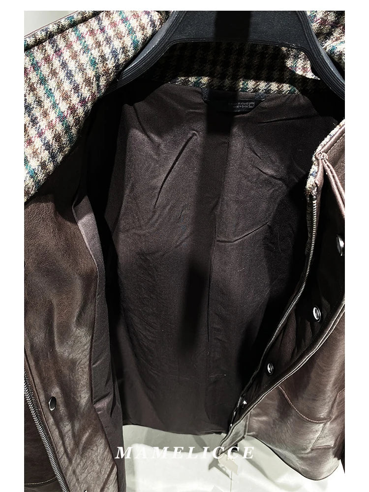 MAMELICCE Original design wool stand collar jacket Contrasting PU faux leather Casual coat Men's clothing Vintage jackets
