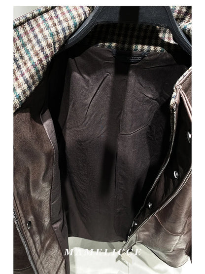 MAMELICCE Original design wool stand collar jacket Contrasting PU faux leather Casual coat Men's clothing Vintage jackets