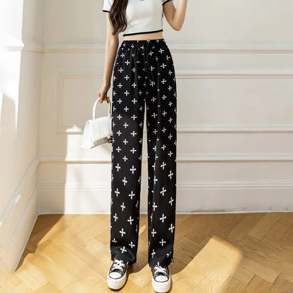 Summer Casual Loose Wide Leg Pants Women's Tie Dye Ink Ice Silk Loose Leopard Print Ethnic Style Long Pants Casual Trousers