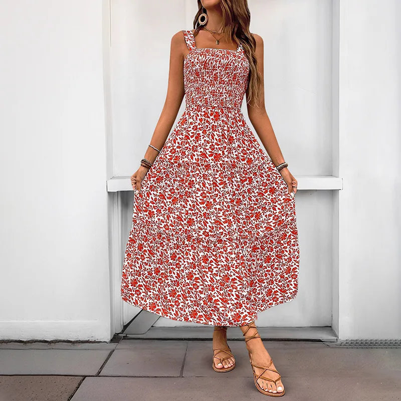 Women's Floral Maxi Dress Summer Square Neck Strappy Backless Smocked Bodice High Waist Long Dress Vacation Beach Outfit 2026