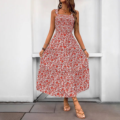 Women's Floral Maxi Dress Summer Square Neck Strappy Backless Smocked Bodice High Waist Long Dress Vacation Beach Outfit 2026