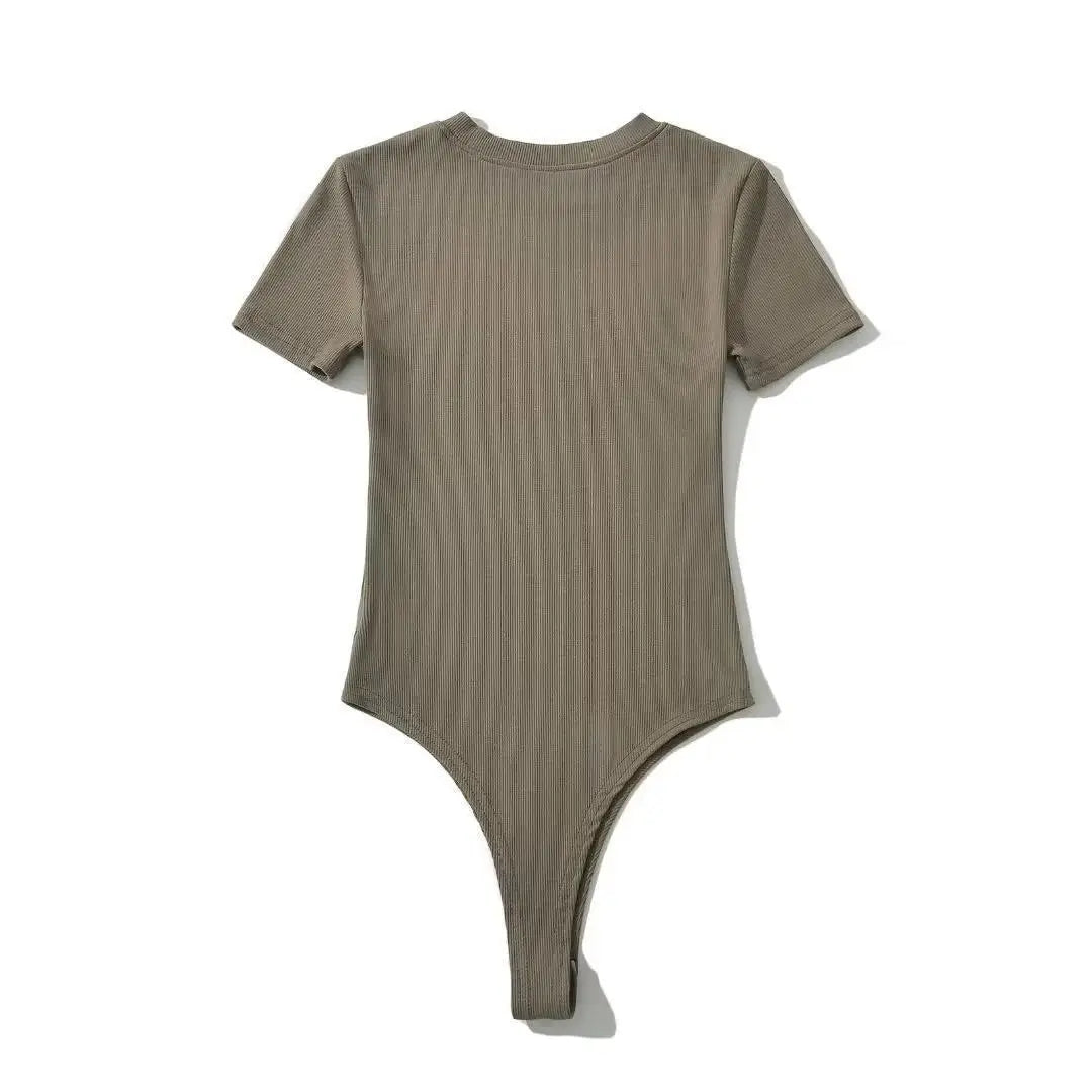 Summer Short Sleeve O-neck Knitted Bodysuits Women Stretchable Slim Basic Solid Color Tops