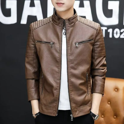 A Slim and Thickened Leather Jacket Men Casual Jacket for Motorcycles Trendy PU Winter Fashionable Leather Jacket Spring Autumn