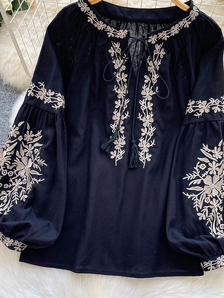 Women Bohemian Blouse Embroidered Lace Up V- Neck Lantern Sleeve Blouse Autumn Embroidery Linen-cotton Blend Female Top D78