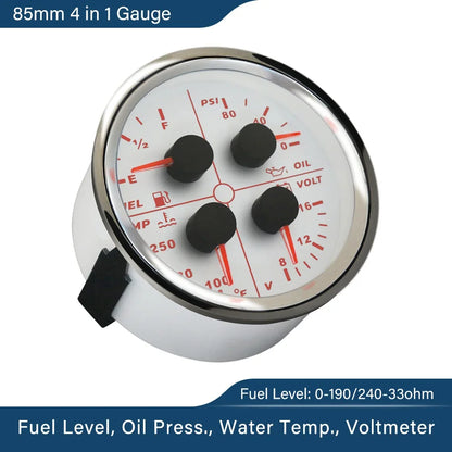 ELING Waterproof Auto Marine 85mm 4 in 1 Gauge Oil Pressure Water Temp Fuel Level Voltmeter for Motorcycle 8-16V