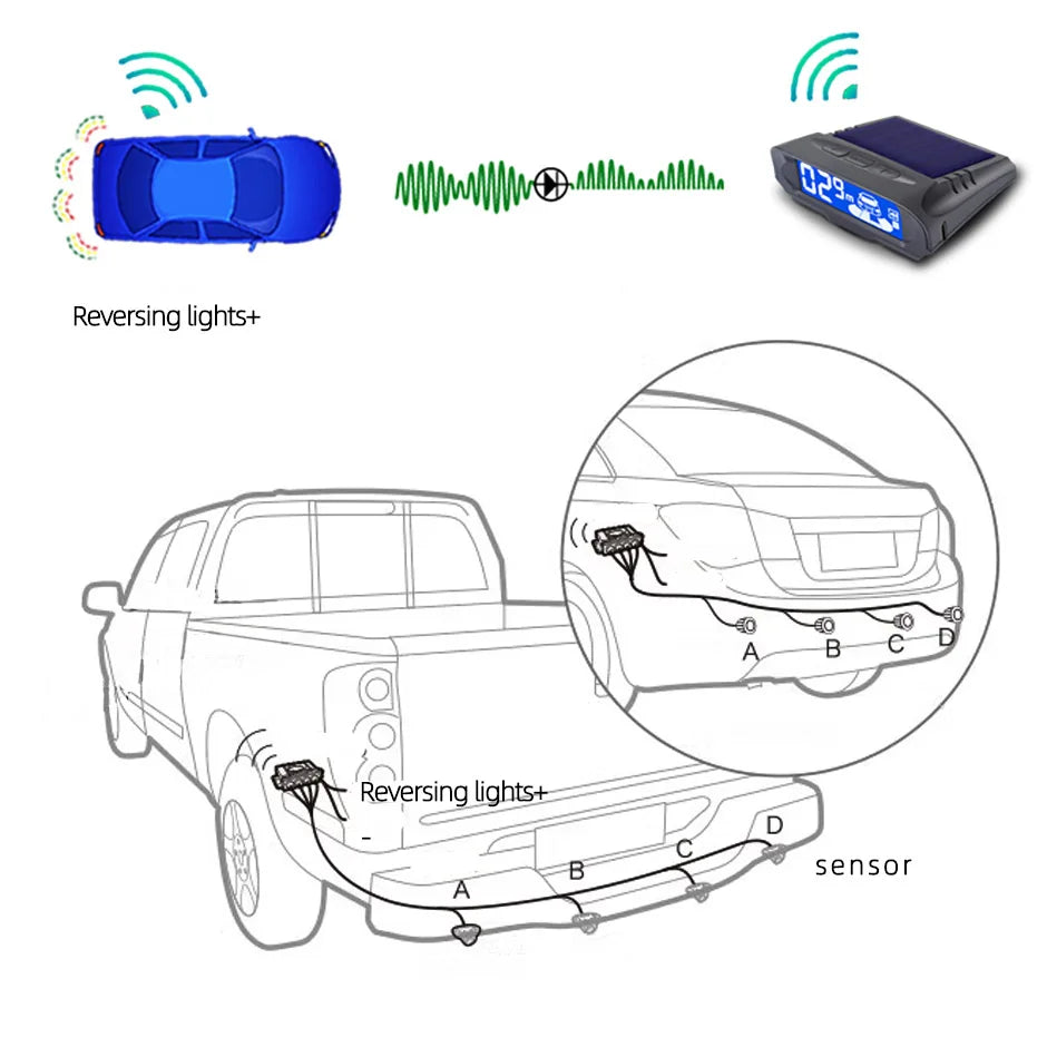 QXNY Wireless Solar Charging 4 Parking Sensors Kit Backup Radar Rear Parktronic Auto LCD Monitor Detector Assistance Reverse