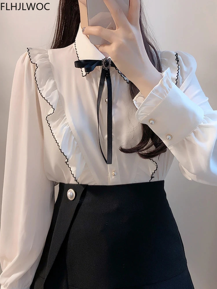 2025 Woman Cute Sweet Girls Thin Semi Transparent Ribbon Bow Tie Retro Vintalge Top Blusas Purple Green White Button Shirts