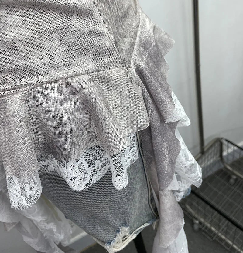 ISAROSE Summer Y2K Camisole for Women Casual Spaghetti Straps Double Layers Lace Stretch Mesh Patchwork Asymmetrical Slim Tops