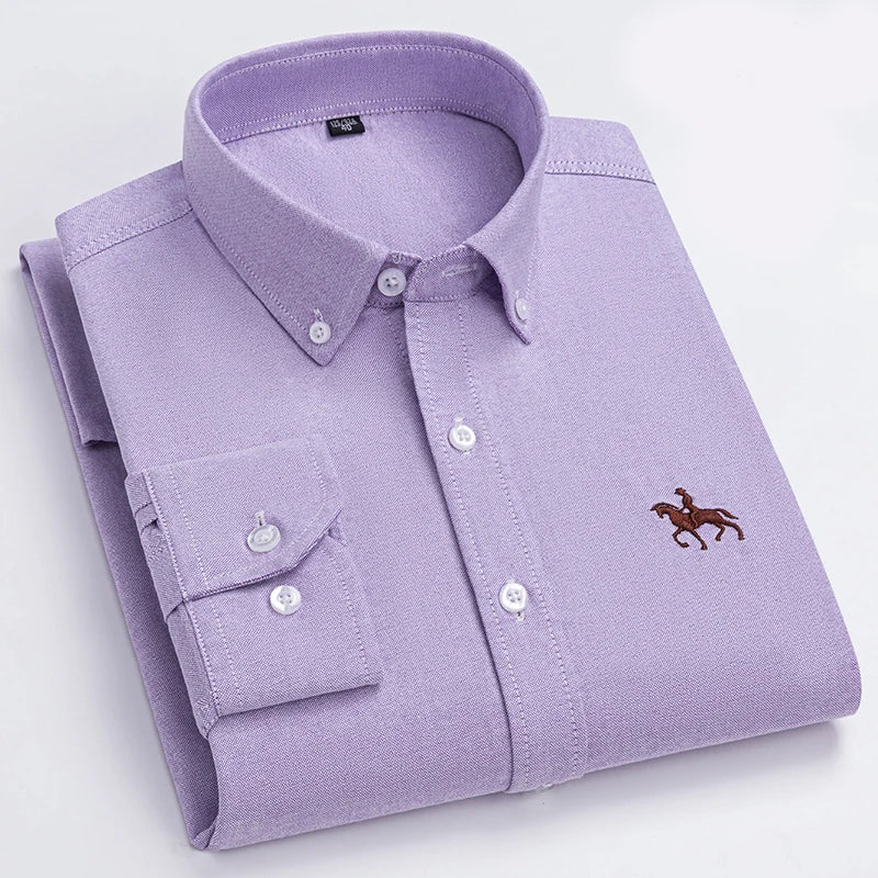 Quality 100% Cotton Oxford Shirt For Mens Long Sleeve Casual Business Regular-Fit Formal Dress Shirts Social Blouse Male Clothes
