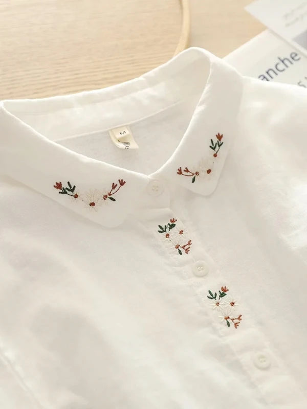Elegant Embroidered Flower Doll Collar Double Layer Cotton Baby White Shirt Women Long Sleeve Base Shirt Trendy Commute Style...