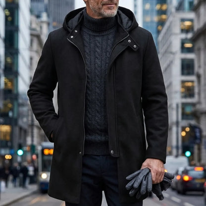 New Men's Jacket Wool Blends Autumn/Winter Hooded Trench Coat - Long Zip-up Jacket Solid Streetwear Overcoat Jackets for Men