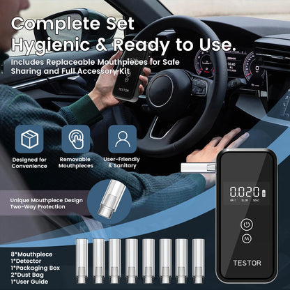 Digital Display Professional Breathalyzer Alcohol Tester with 8 Reusable Mouthpieces for Home Car Use Accurate Portable