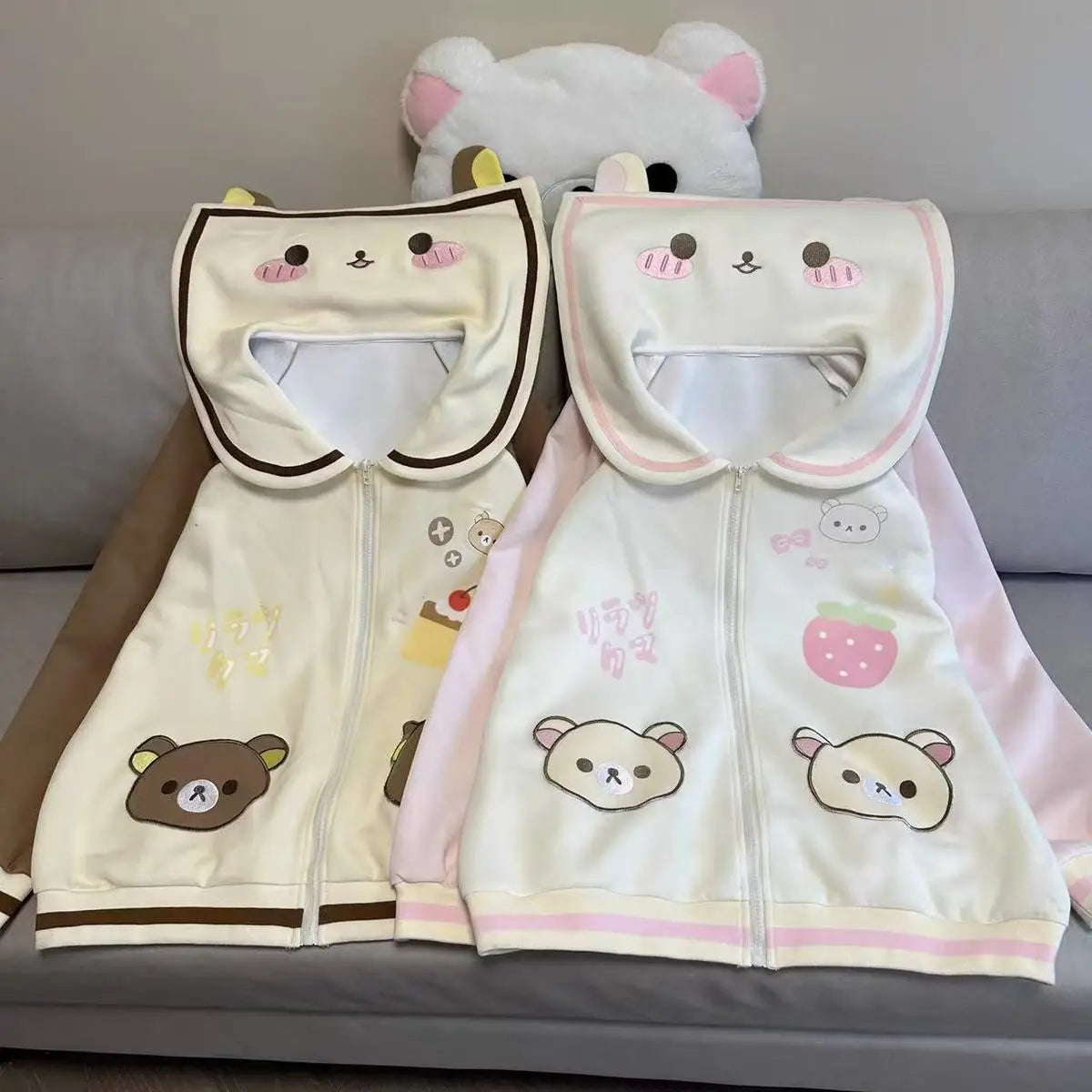 Cute Bear Hooded Zipper Jacket Sweatshirt Set Long Sleeve Autumn Winter Outfit Straight Leg Pants Medium Length Skirt