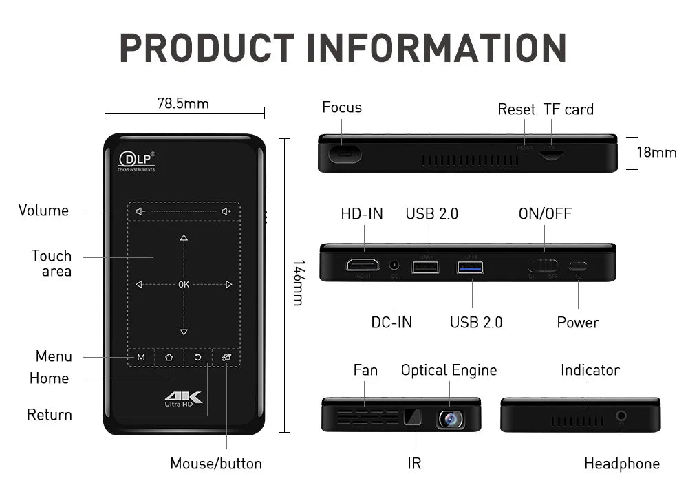 P09 II 4K LED DLP Portable Mini Projector Android 9 5G WIFI BT Projector With 4000mAh Battery WVGA 854+480 Manual Focus Beamer