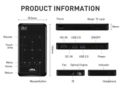 P09 II 4K LED DLP Portable Mini Projector Android 9 5G WIFI BT Projector With 4000mAh Battery WVGA 854+480 Manual Focus Beamer