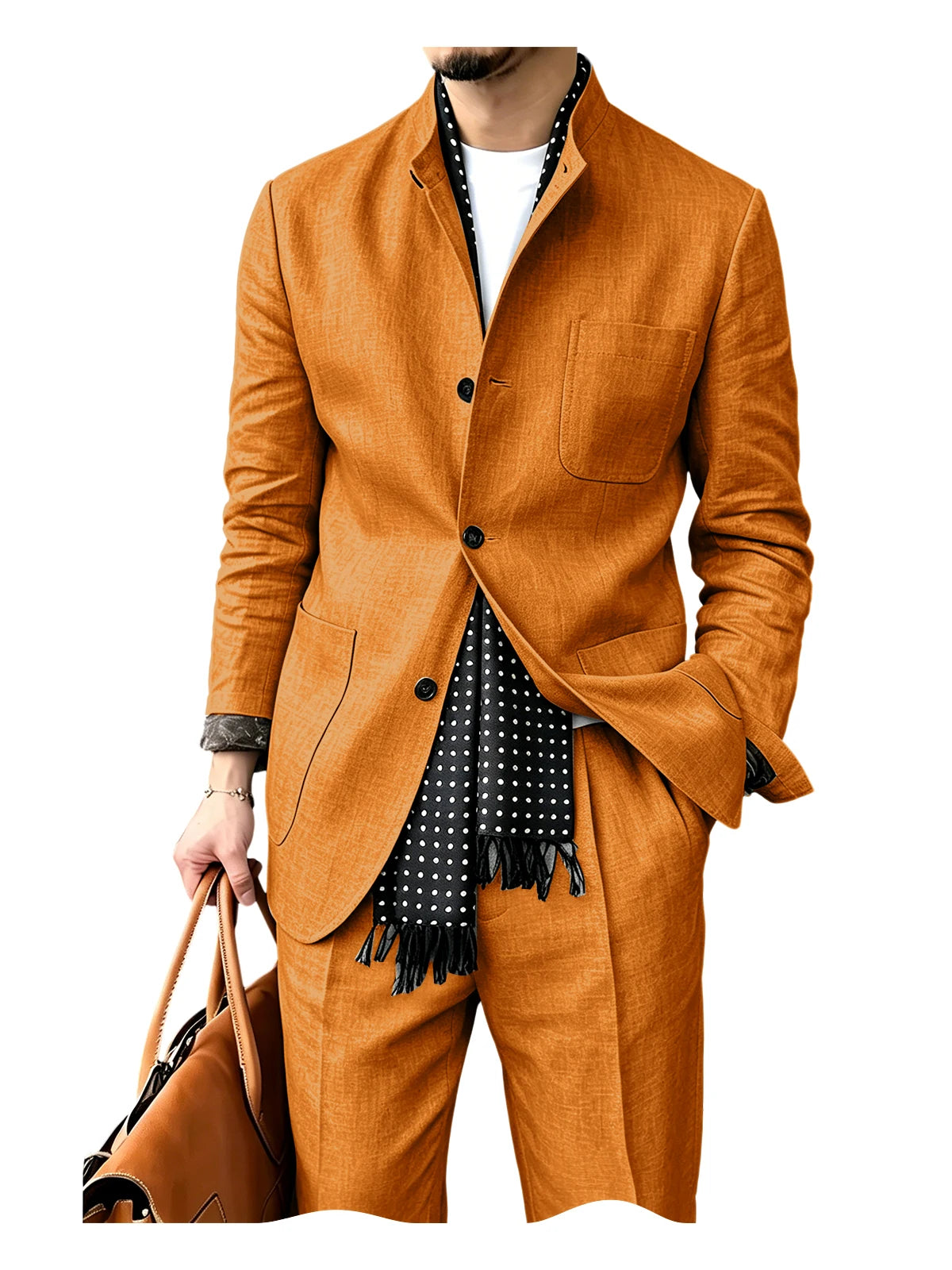 Men's Linen Blend 2 Piece Suit Set Stand Collar Three Button Breathable Casual Blazer Pants For Business Daily Wear Summer