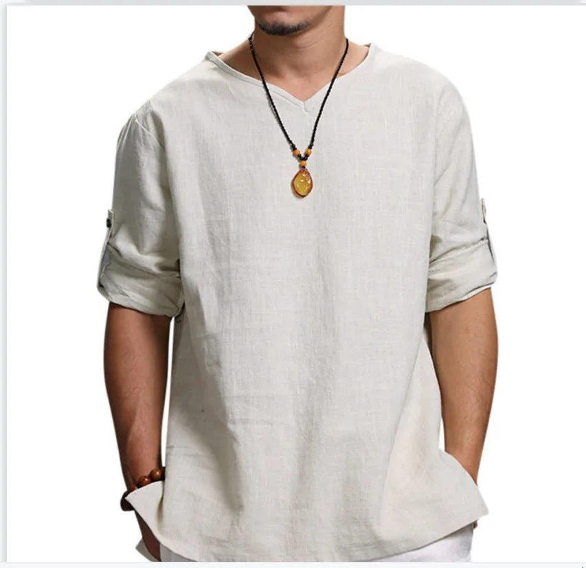 Men's Long Sleeve Loose Shirts Summer Solid Color Casual Shirt High Quality Plus Size V-Neck Shirt Male Clothing 2026