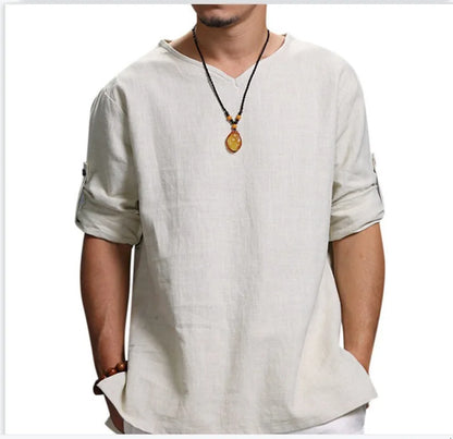 Men's Long Sleeve Loose Shirts Summer Solid Color Casual Shirt High Quality Plus Size V-Neck Shirt Male Clothing 2026