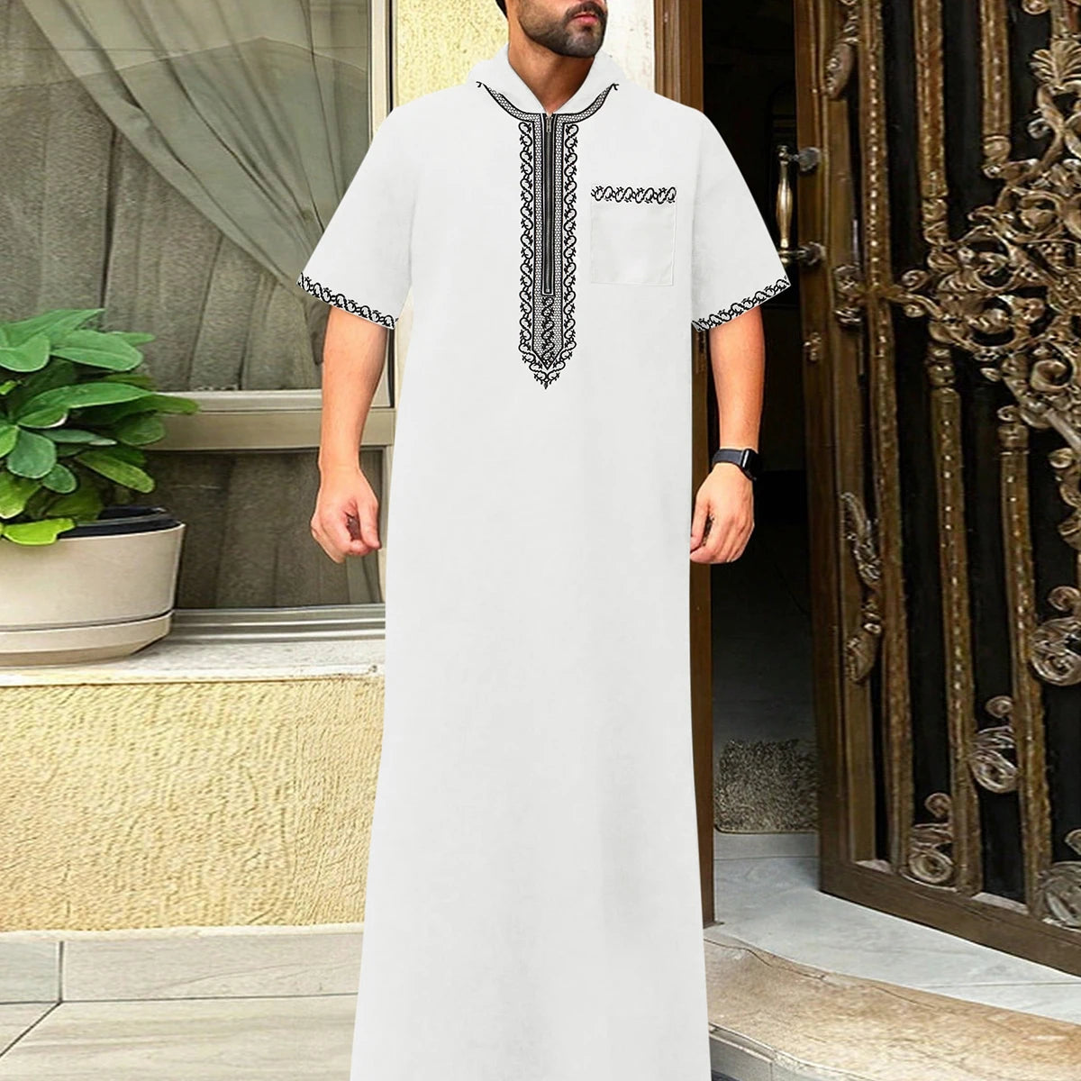 2025Moroccan Men's Thobe Short-Sleeved Embroidered Hood MuslimIslamicLooseJelleba Abaya - New Edition