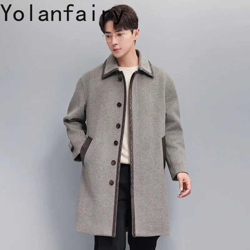 YOLANFAIRY Korean High-end Cashmere Coats for Men Autumn Winter Mid-length 95% Wool Trench Coat Spliced Sheepskin Leather Jacket