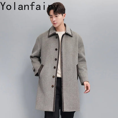 YOLANFAIRY Korean High-end Cashmere Coats for Men Autumn Winter Mid-length 95% Wool Trench Coat Spliced Sheepskin Leather Jacket