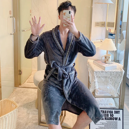Thickened Flannel Sleepwear Coat for Men And Women Warm Winter Coral Velvet Robe Couple Home Clothes Mid-Length Bath Robe