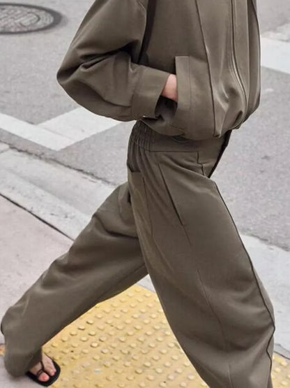 Women's Pilot Jacket Coat High Waist Commute Line Decor Straight Leg Pants Two Piece Set Long Sleeve Stand Collar Jacket
