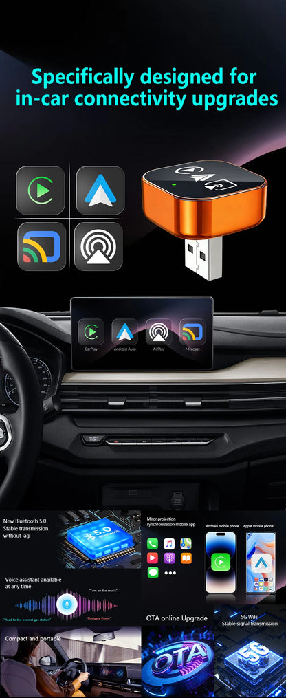2026 4in1 New Upgrade Carplay Adapter Wireless Android Auto Mirror Link Smart MiNi AI Box USB Plug and Play Auto Connect WiFi
