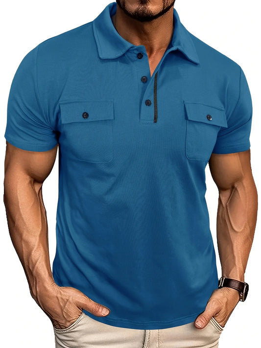 Summer Men's Short-Sleeve Polo Shirt Casual Solid Color Turn-Down Collar T-Shirt Pullover Top Henley Shirt with Pockets
