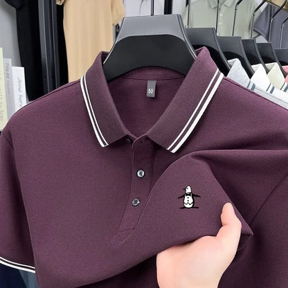 Brand striped men's polo shirt short sleeved penguin print top summer 100% cotton comfortable breathable casual lapel T-shirt