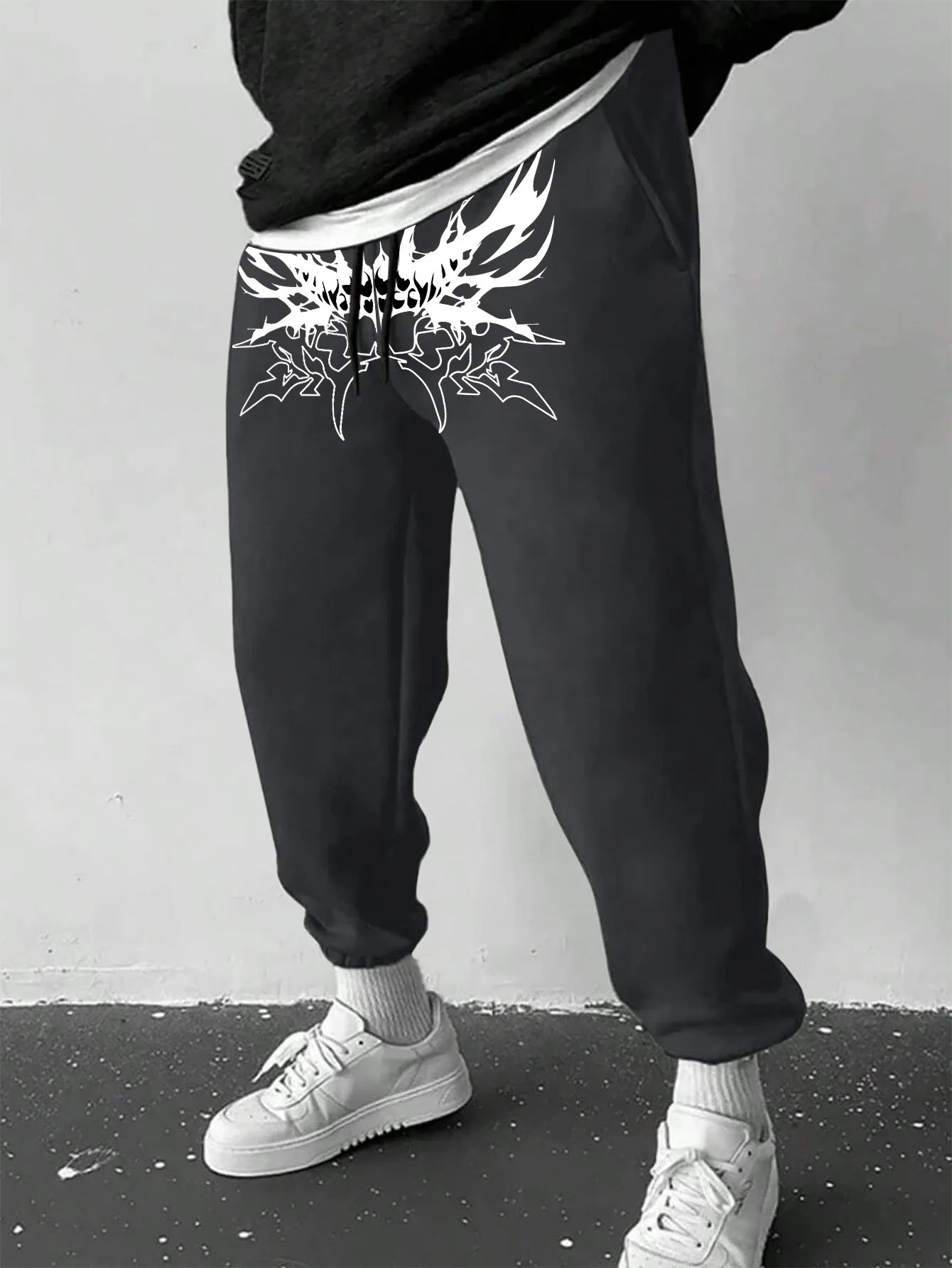 Men's Gothic Sharp Demon Mouth Thorn Print Sweatpants Elastic Waist Soft Fabric Dark Punk Street Hip Hop Joggers