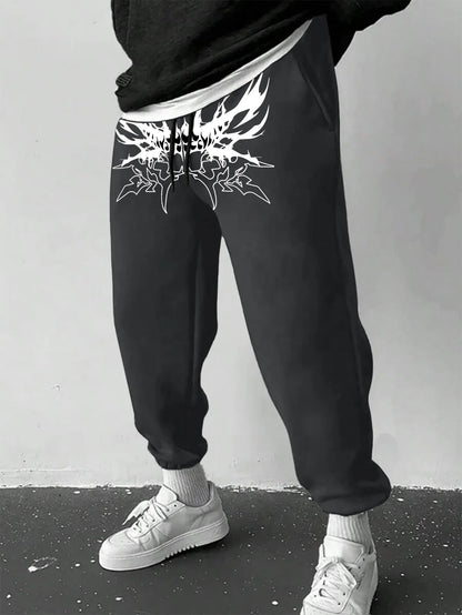 Men's Gothic Sharp Demon Mouth Thorn Print Sweatpants Elastic Waist Soft Fabric Dark Punk Street Hip Hop Joggers