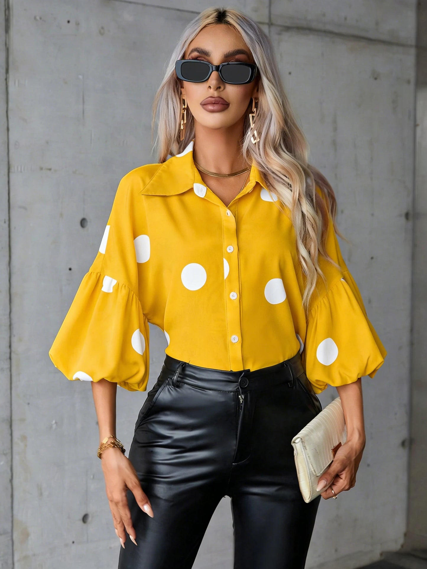 Elegant Casual Large Polka Dot Women's Bubble Sleeve Shirt Fashionable Vintage Print Top for Women
