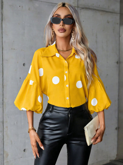 Elegant Casual Large Polka Dot Women's Bubble Sleeve Shirt Fashionable Vintage Print Top for Women