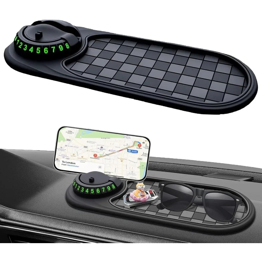 Car Anti-Slip Mat, Rotatable Anti Skid Car Dashboard Pad with Temporary Parking Numbe, Car Anti Slip Mat Phone Holder