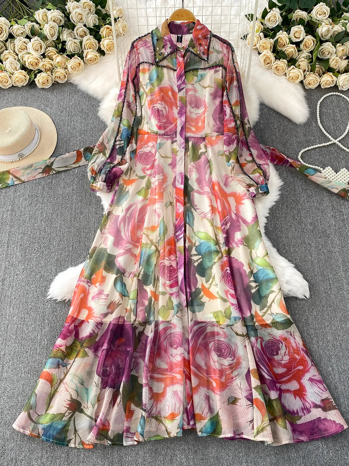 Gemstone Embedded Diamond Collar Dr Women's Autumn Slimming Beautiful Holiday Print Full Skirt Long Dr