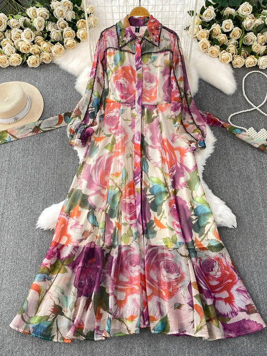 Gemstone Embedded Diamond Collar Dr Women's Autumn Slimming Beautiful Holiday Print Full Skirt Long Dr