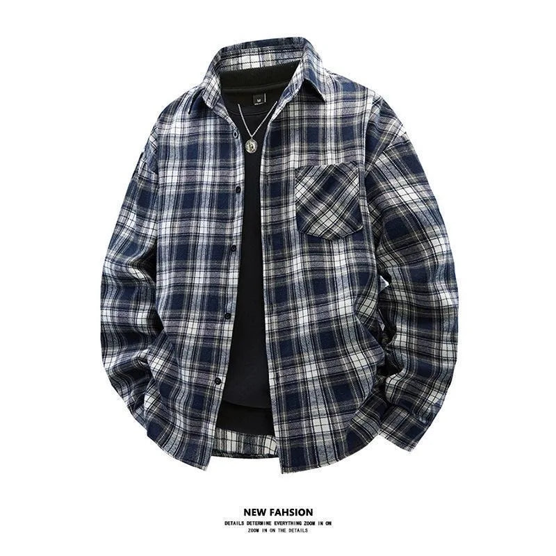 Japanese Style Plaid Long Sleeve Cotton Shirt Men's Retro Autumn Spring Outerwear Casual Loose Fit Print Shirt for Youth