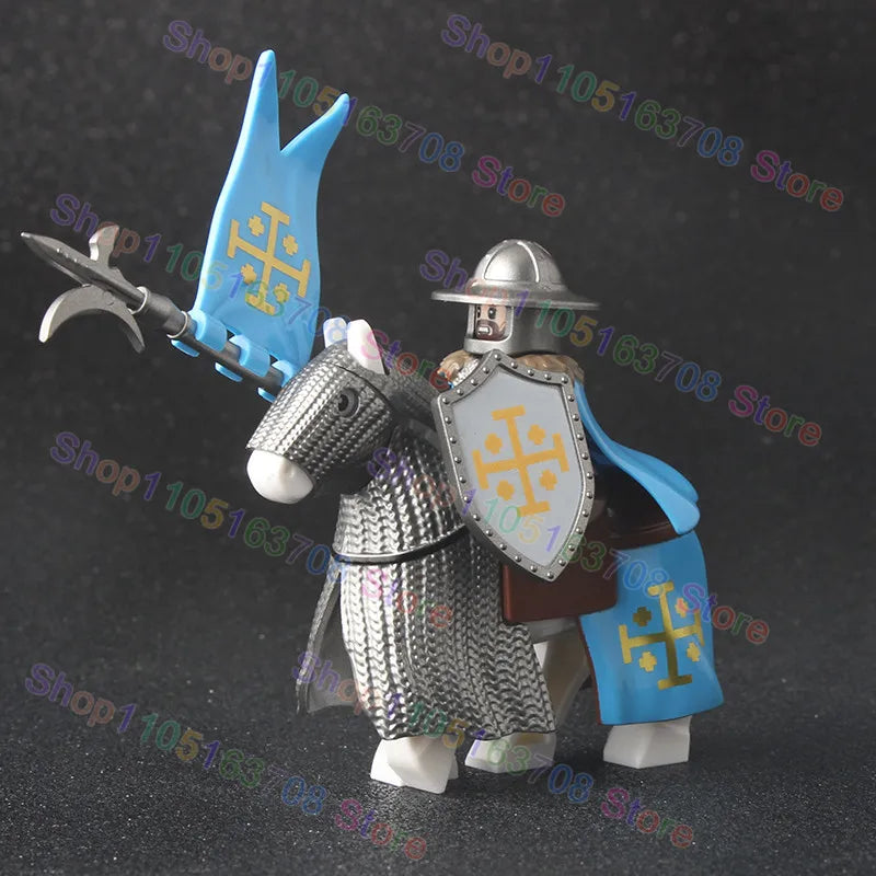 MOC Medieval Military Crusader Knight Building Blocks Castle Army Soldier Figure Horse Mount Shield Sword Accessories Bricks Toy