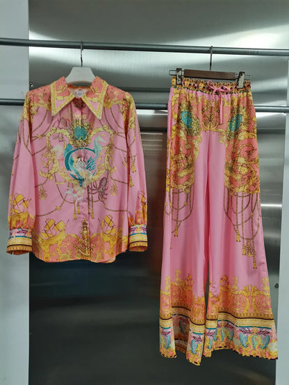CHICEVER Casual Vacation Two Piece Set for Women Laple Long Sleeve Pink Printed Shirt High Waist Trousers Suit Female Autumn New