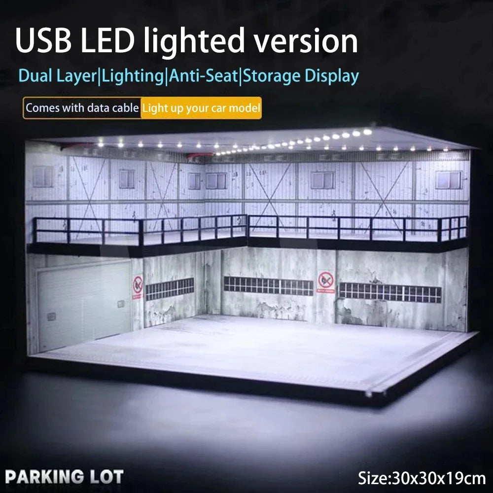 1/64 1/18 1/24 1/32 1/43 Scale Car Garage Diorama Models Set Scene LED Parking Lot Model for Matchbox Hot Wheels Collection