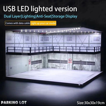1/64 1/18 1/24 1/32 1/43 Scale Car Garage Diorama Models Set Scene LED Parking Lot Model for Matchbox Hot Wheels Collection